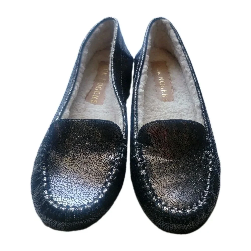 Jack rogers Millie sherpa lined leather moccasins sz 7.5 dark gry metallic